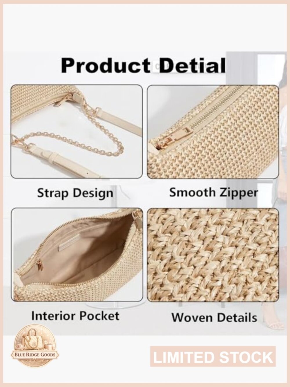 Woven Straw Shoulder Bag with Cherry Pendant Summer Beach Hobo Crossbody Purse - Picture 4 of 6